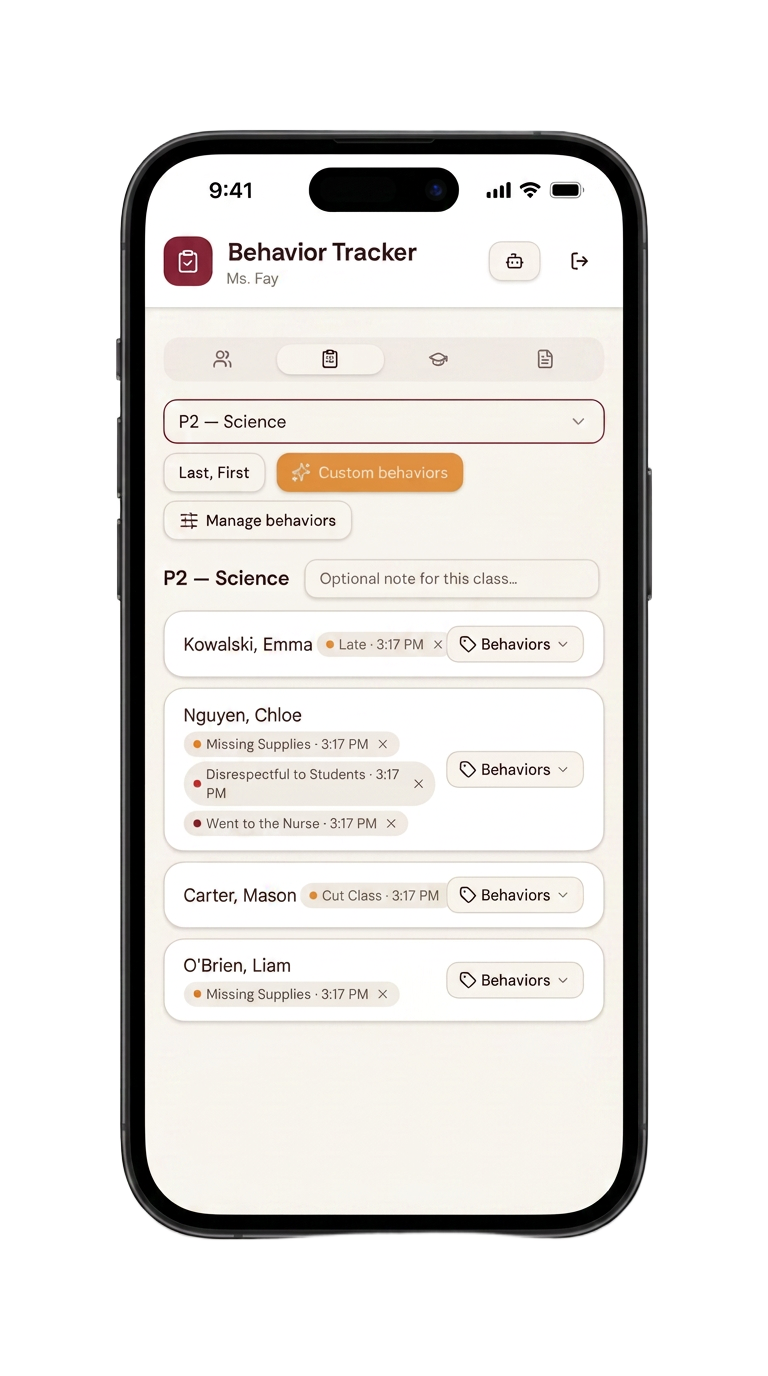 Behavior Tracker Mark tab open on an iPhone, showing a class list with behavior marks